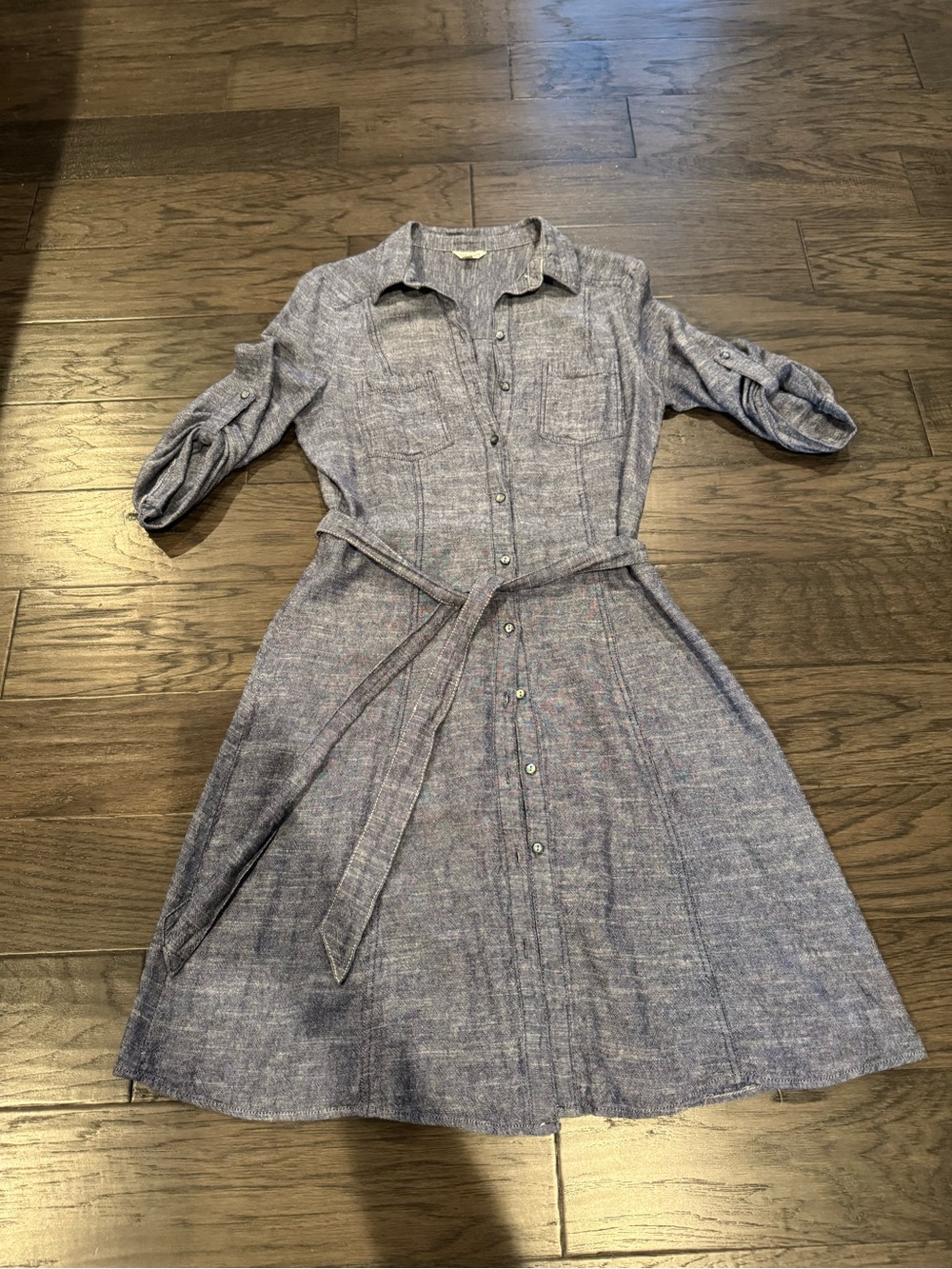 Max Studio Blue Chambray Shirt Midi Dress with Tie Belt